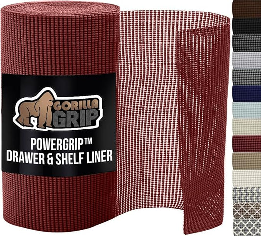 GORILLA GRIP powerGRIP Drawer Shelf and Cabinet Liner, Thick Strong Hold, Non-Adhesive Liners Protect Kitchen Cabinets and Cupboard, Bathroom Drawers, Easy Install, Breathable Mat, 17.5" x30', Red