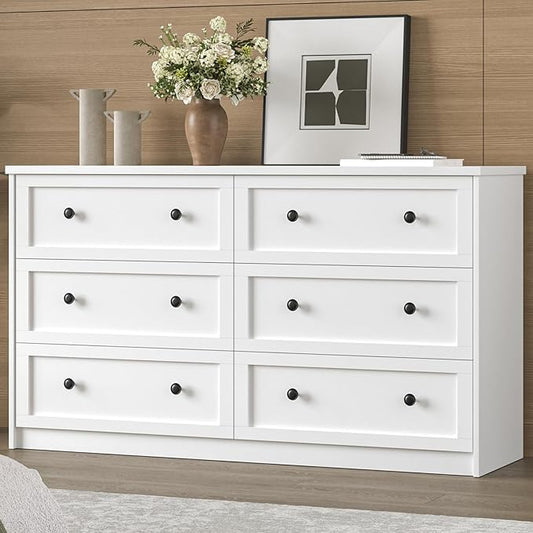 6 Drawer Double Dresser for Bedroom, 55.1" Wide Dressers & Chests of Drawers with Large Capacity Storage,White Dresser for Bedroom,Hallway,White
