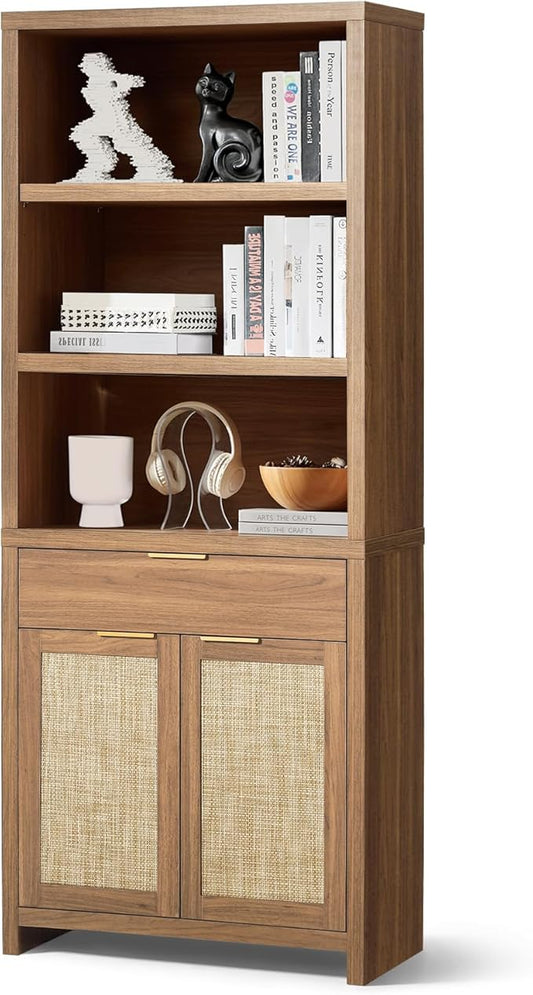 Hampstead Bookcase, Rattan Bookcase with Doors Cabinet and Drawer, 5-Tier Bookshelf, Large Wooden Book Case, Tall Bookshelves for Library Living Room (Weathered Oak, 1 Piece)