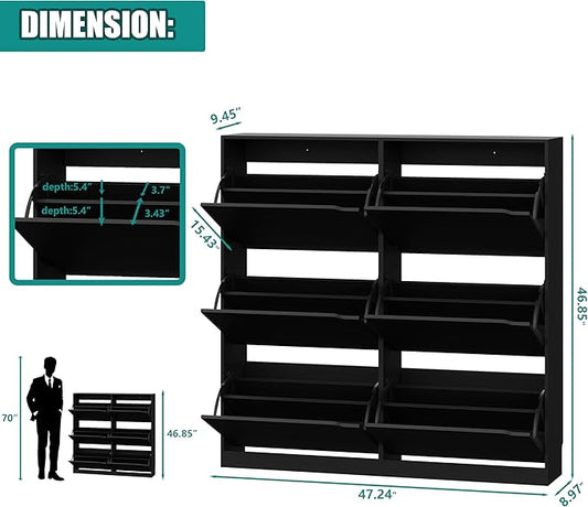 Shoe Storage Cabinet for Entryway with 6 Flip Drawers, Sturdy Wood Hidden Shoe Storage, Freestanding Narrow Slim Shoe Organizer for Front Door Entrance, Living Room, Hallway, Bedroom, Black