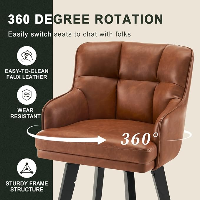 360°Swivel Counter Height Bar Stools with Back, 26 inch Solid Wood Legs, Bar Stool Modern Kitchen Island Chairs, Faux Leather (Brown- Faux Leather, 26" H- Set of 1)