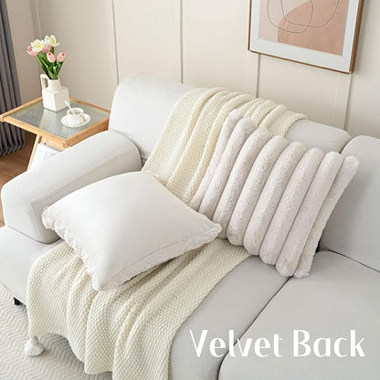 FUTEI Beige Decorative Throw Pillow Covers 22x22 Inch Set of 2, Square Soft Faux Rabbit Fur Thick Striped Cushion Cover,Winter Home Decor for Couch Bed Living Room