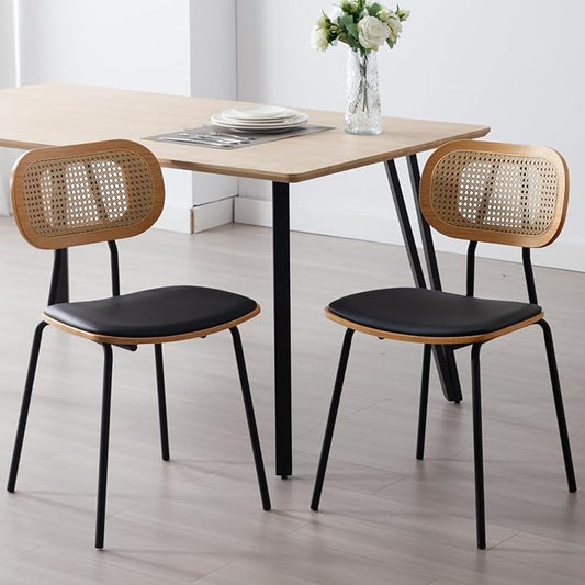 Mid-Century Modern Rattan Cane Back Dining Chairs Set of 2 — PU Leather Upholstered Seat, Black Metal Legs, Kitchen Side Chairs for Kitchen & Dining Room, Black