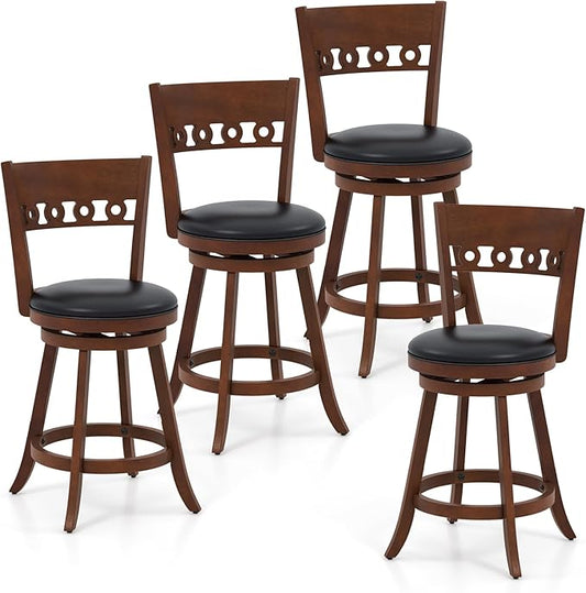 COSTWAY Bar Stools Set of 4, 24.5” Counter Height Bar stools with Solid Wood Legs, Cushioned Seat, Footrest, for Home, Kitchen Island, Bar (4, 24.5'' Seat Height)