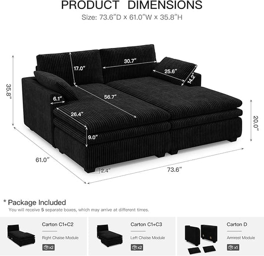 Belffin Large Modular Sectional Sofa with Deep Chaise, 73.6" Corduroy L Shaped Couch with 9" Soft Dual-Layer Seats Cushion for Living Room, Apartment, Black