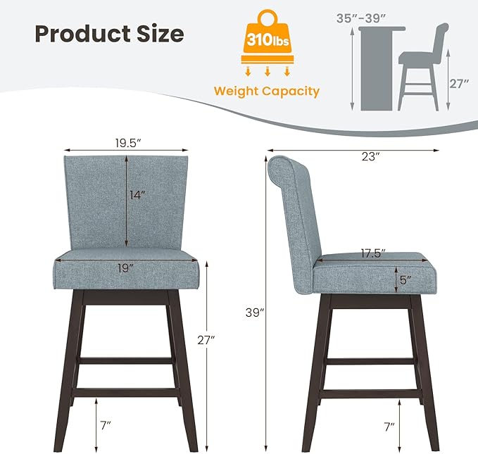 COSTWAY Swivel Bar Stools Set of 4, 27" Counter Height Bar Chairs with Rubber Wood Legs, Upholstered Linen Barstools with Back & Cushioned Seat, for Kitchen Island, Home, Pub, Grey