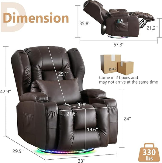 Power Swivel Rocker Recliner Chairs, Electric Wall Hugger Reclining Sofa with Massage & Heat, Comfy Theater Seating Single Chair with LED Light/USB/Type-C Ports (Leather Brown, Set of 2)