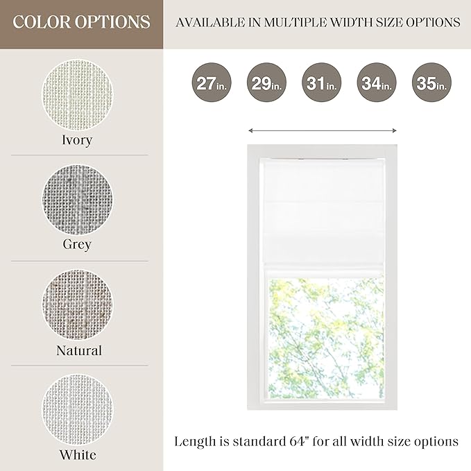 Madison Park Kyler Cordless Roman Shades - Single Panel, Lightweight Linen Blend Fabric, Natural Design, Easy Installation, Light Filtering Window Blind, Bedroom, Living Room Decor 27"W x 64"H White