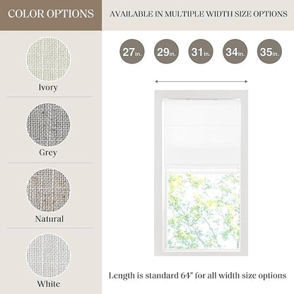 Madison Park Kyler Cordless Roman Shades - Single Panel, Lightweight Linen Blend Fabric, Natural Design, Easy Installation, Light Filtering Window Blind, Bedroom, Living Room Decor 27"W x 64"H White