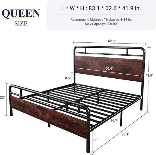 Allewie Queen Size Platform Bed Frame with Wooden Headboard and Footboard, Heavy Duty 13 Metal Slats Support, Under-Bed Storage, No Box Spring Needed, Noise Free, Easy Assembly, Mahogany