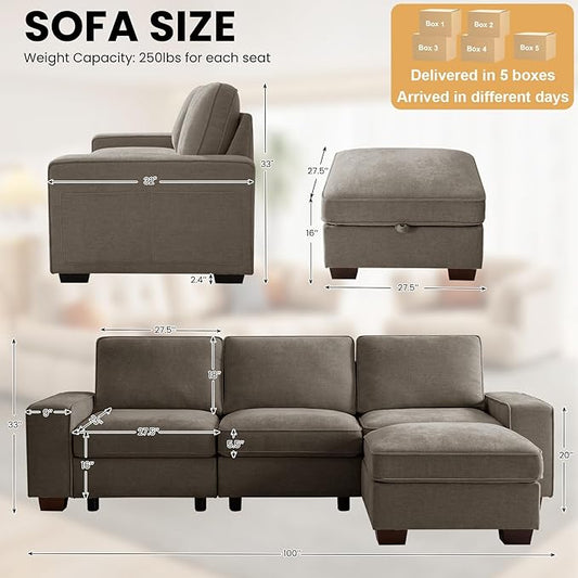 TEKAMON 100" Modular Sectional Sofa with Seats Storage, L Shaped Couch with Movable Ottoman, Chenille Fabric Couch for Living Room, Office, Apart W/Deep Seat, USB Charging,Removable Cover (Brown)