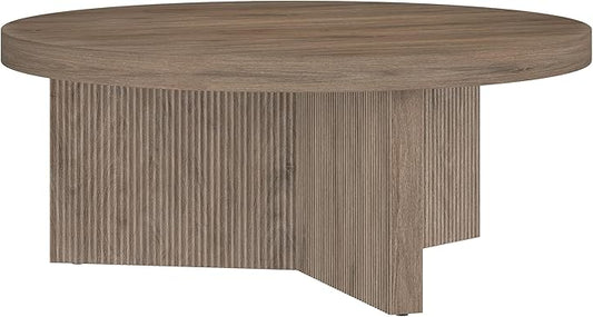Henn&Hart 36" Fluted Round Low-Profile Coffee Table with Ribbed Pedestal Base for Living Room, Family Room, or Office, Antiqued Gray Oak