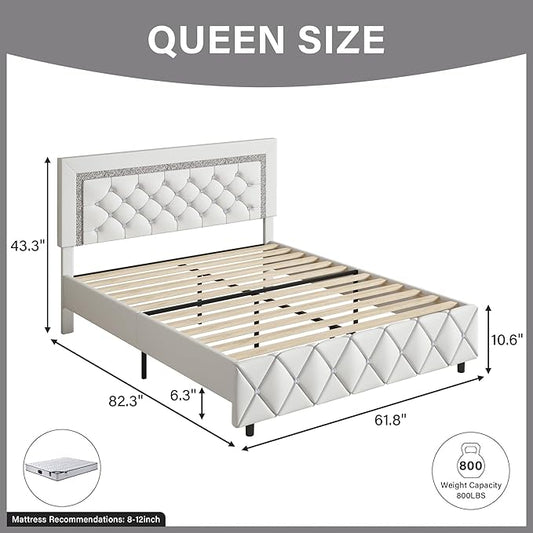 BarnFurin Queen Bed Frame, Upholstered Platform Bed with Button Tufted Headboard, Princess Platform Bed with Crystal Design, Wooden Slats Support, No Box Spring Required, Easy Assembly, White