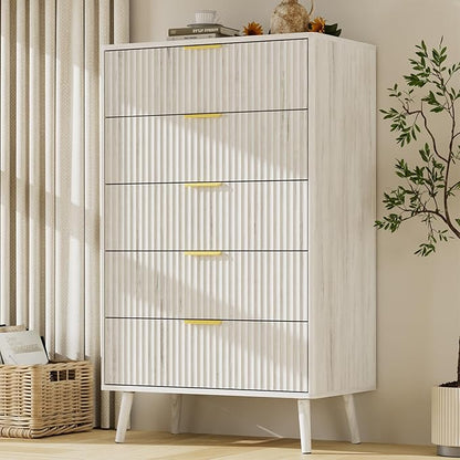 LYNSOM Fluted Dresser and Nightstand Sets 2 Piece, 1-Drawer Nightstands and 5-Drawers Dresser, Wood Bedroom Furniture Set for Home, Bedroom, Hallway, White