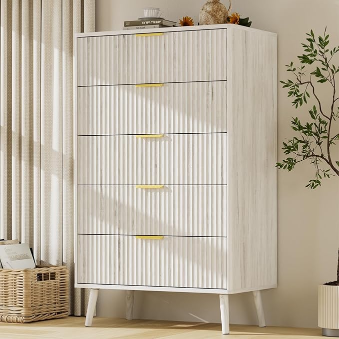 LYNSOM Fluted Dresser and Nightstand Sets 3 Piece, 5-Drawers Dresser and 1-Drawer Nightstands Set of 2, Wood Bedroom Furniture Set for Home, Bedroom, Hallway, White