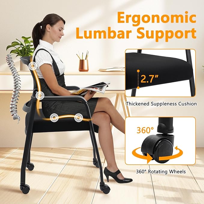 8PK Office Guest Chairs No Wheels | Ergonomic Lumbar Support and Thicked Seats Cushion, Desk Chair with Adjustable Mesh Back for Waiting Room School Church Reception，Black