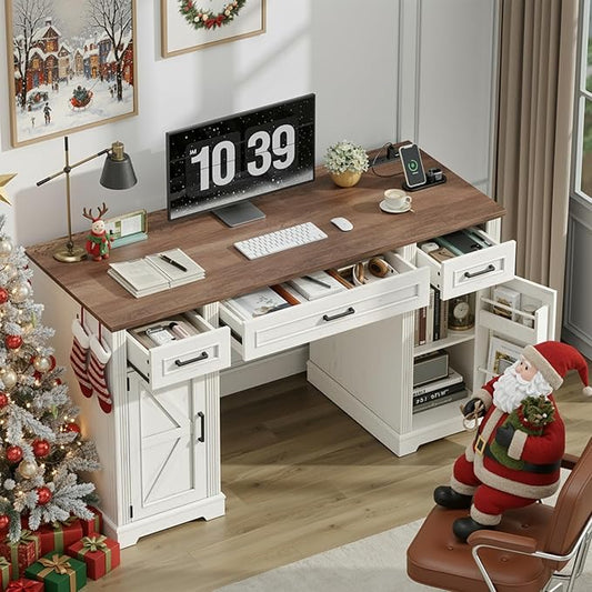 ONBRILL 59 inch Farmhouse Executive Desk with Drawers, Home Office Desk with File Cabinet, Outlets, Storage Cabinet, Keyboard Tray, Wood Computer Desk for Work Study Writing (Off White & Walnut)