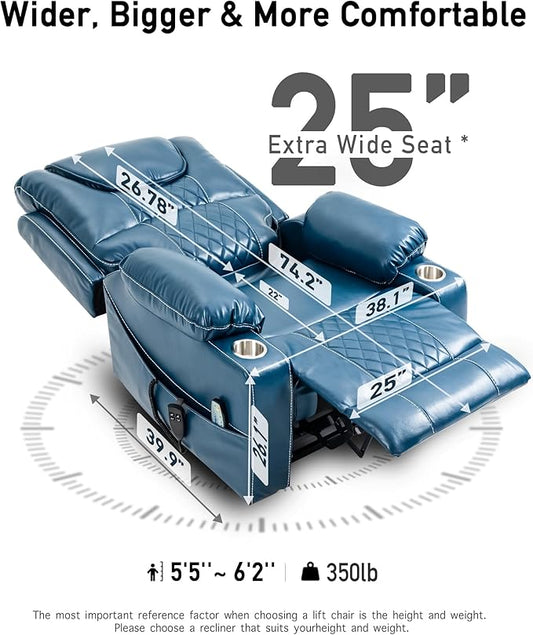 Large Power Lift Chairs Recliners for Elderly with Heated and Massage, Upgraded Dual Motor Lay Flat Recliners, 25in Extra Wide Seat, Cup Holder, Side Pocket