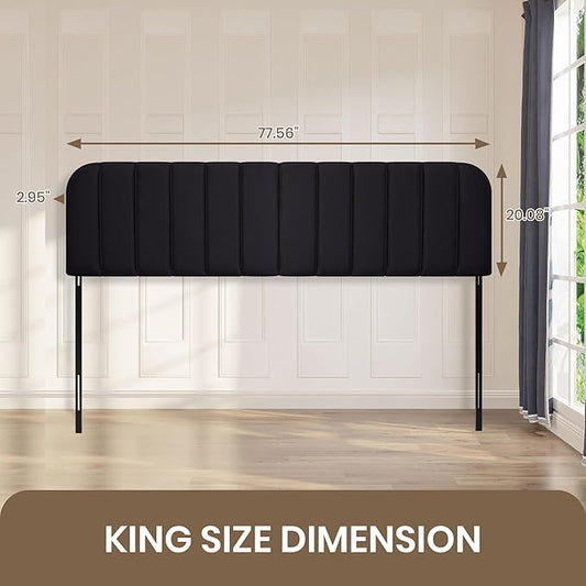 Upholstered Headboard - Striped Interval - Adjustable Height - Metal Legs - Bed Frame (Black, King (U.S. Standard))