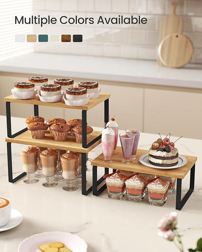 SONGMICS Cabinet Organizer Shelf, Set of 3 Kitchen Counter Shelves, Kitchen Storage, Spice Rack, Stackable, Expandable, Ink Black and Natural Beige UKCS014YL03