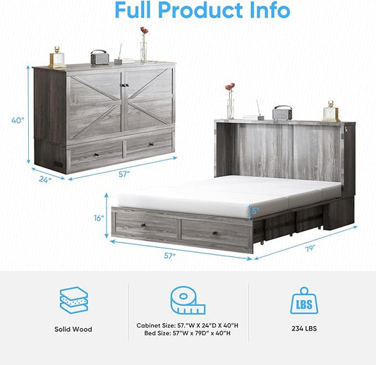 Mjkone Murphy Bed, Cabinet Murphy Bed with Tri-Fold Memory Foam Mattress, Farmhouse Wooden Cabinet Beds with USB Charging Station and 2 Storage Drawers for Bedroom/Office/Guest Room-Gray, Full