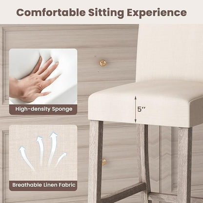 COSTWAY Counter Height Bar Stools Set of 2, 24.5’’ Upholstered Mid Century Modern Island Chairs with Rubber Wood Legs, Wooden Barstools for Kitchen, Dining Room, Bar, Restaurant (Beige)