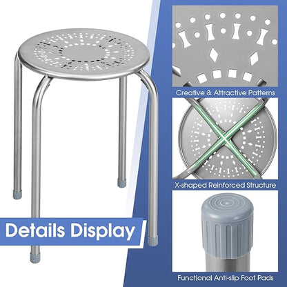COSTWAY 6-Pack Steel Stack Stools, 17.5-Inch Height Portable Stackable Backless School Stools with Daisy Design, Round Classroom Decoration Stools Set of 6 for Kids Children Students, Grey