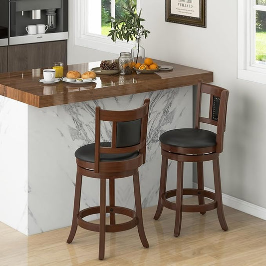 COSTWAY Bar Stool Set of 2, 25.5” Swivel Upholstered Counter Height Bar Stool with Curved Backrest & Cushioned Seat, Solid Rubber Wood Legs & Resting Footrest, for Kitchen Island (2, 25.5”)