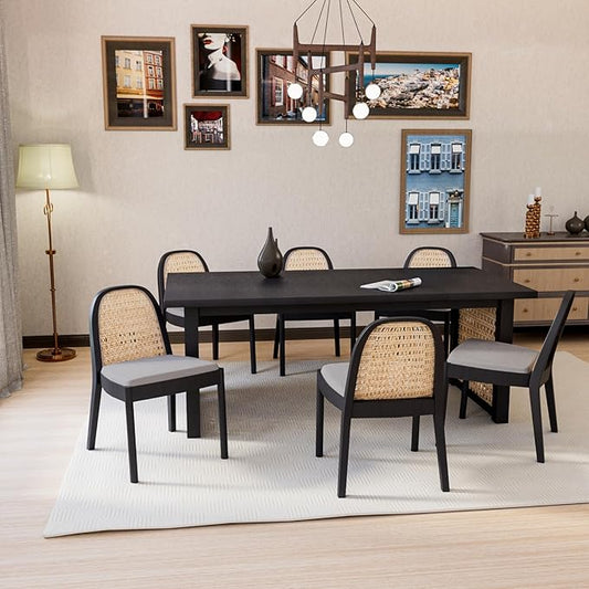 Rattan Dining Chairs Set of 6, Modern Dining Room Chairs with Cane Back Comfy Accent Kitchen Chair Upholstered Linen Fabric Chair for Restaurant/Living Room, Grey