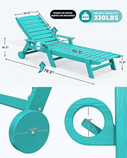 SERWALL Patio Chaise Lounge Chair, 78'' Long HDPE 5 Positions Adjustable Outdoor Lounger, Poly Lounge Chair with Rolling Wheels & Cup Holder for Pool, Aqua Blue
