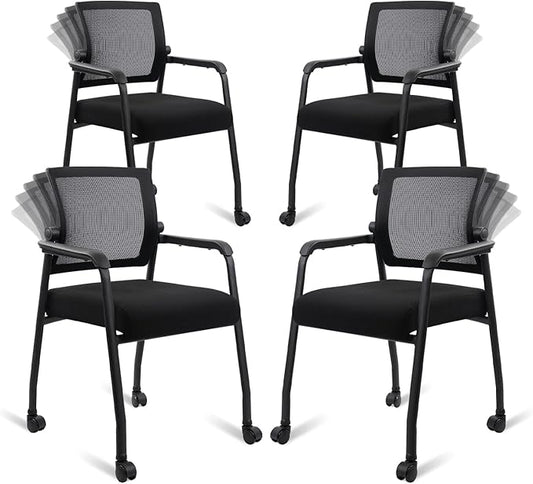 4PK Office Guest Chairs No Wheels | Ergonomic Lumbar Support and Thicked Seats Cushion, Desk Chair with Adjustable Mesh Back for Waiting Room School Church Reception，Black
