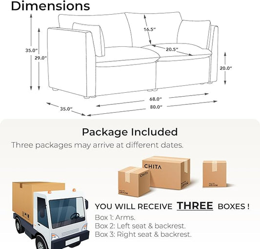 CHITA Luxury Oversized Loveseat Sectional Sofa Couch, Premium Down Filled Modular Sectional Sofa, FSC Certified, 80‘’ Width, 2 Seat Cloud Couch for Living Room, Cream
