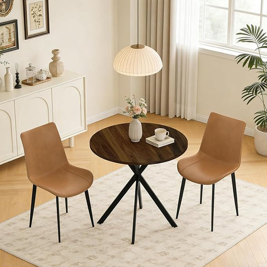 31.5" Round Dining Table and Chairs Set for 2, Small Dining Table Chairs Set Space-Saving, Small Dinette Sets for 2 for Kitchen Dining Room Apartment(Walnut Table + Brown Chairs)