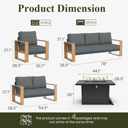 LayinSun 5 Pieces Aluminum Patio Furniture Set with Fire Pit Table, Oversized Seat with Hight Back, Outdoor Conversation Sets for Porch, Balcony, Deck