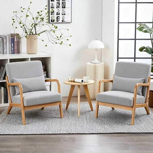 Accent Chairs, Set of 2 Mid-Century Modern Chair with Pillow, Armchair with Solid Wood, Reading Relaxing Leisure Chair for Living Room（Light Grey）