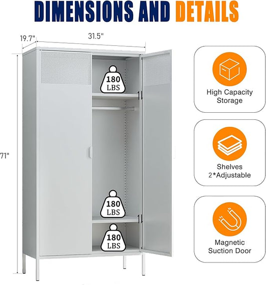 Metal Storage Cabinets Locker with Hanging Rod and Adjustable Shelves, 71'' Clothing Steel Storage Wardrobe for Home & Office, School, Employee,Gym(White, 71''H-Wardrobe)