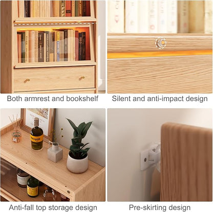 74"H Tall Soild wood Bookcase with 3 color LED light and Glass Door, 5 -Tier Wooden Book case and bookshelf, Large Display Storage Organizer Cabinet with Shelves for Study Home Office Living Room