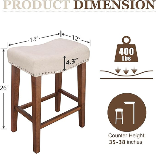 PrimeZone Counter Height Bar Stools Set of 3 - Backless Saddle Barstools with 4.3" Thick Upholstered, Nailhead Trim Linen Fabric & Solid Wood Legs, 26 Inch Counter Stools for Kitchen Island, Beige