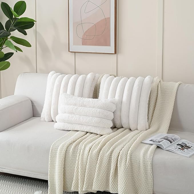 FUTEI Cream White Decorative Throw Pillow Covers 22x22 Inch Set of 2, Square Soft Faux Rabbit Fur Thick Striped Cushion Cover,Winter Home Decor for Couch Bed Living Room