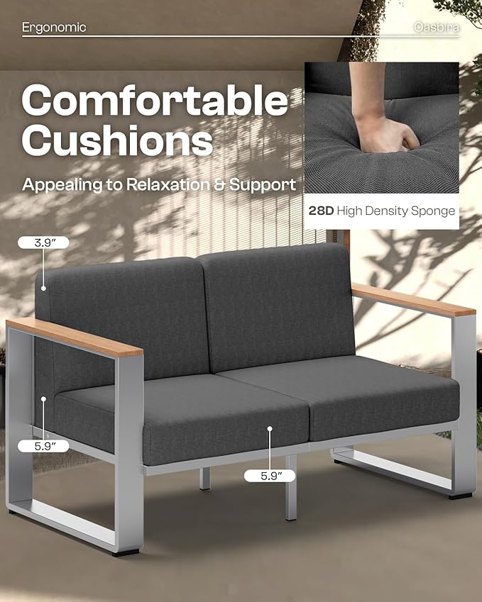 Outdoor Patio Furniture Set, 7 Seats Outdoor Patio Conversation Sets with Ergonomic Seat and Wide Washable Thick Cushions, Modern Patio Sectional Furniture for Balcony, Porch (Teak-Charocal)