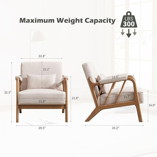 Mid Century Modern Accent Chair with Solid Wood Frame, Upholstered Living Room Chairs with Lumbar Cushion Padded Arms, Reading Armchair for Bedroom (1, Linen Beige)