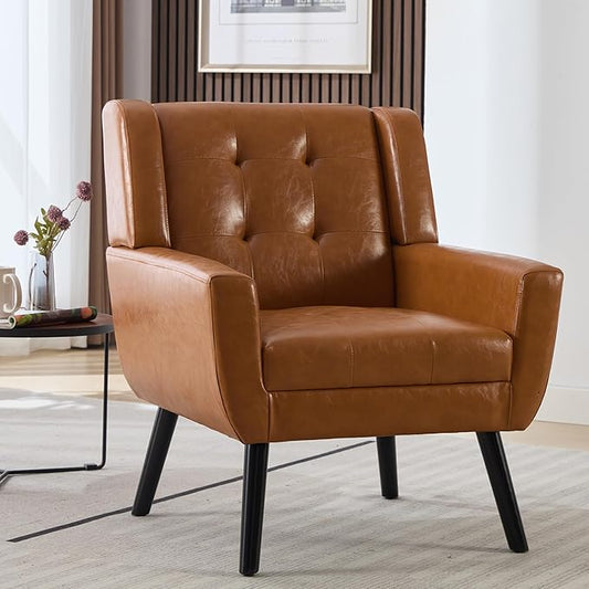 Dolonm Midcentury Modern Leather Accent Chair with Arms, Upholstered Reading Side Chair Tufted Back Decorative Wingback Chair for Living Room Bedroom (Light Brown-PU)