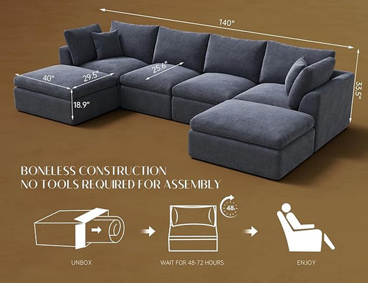 Oversized Cloud Sectional Couches for Living Room, Boneless U Shaped Couch with Ottoman, 4 Seater Modular Sectional Sofa, Dark Grey