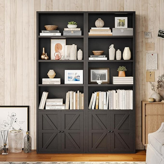 MXV 6-Tier Bookshelf and Bookcase Set of 2, Wooden Bookshelves with Cabinet Doors, Floor Bookshelves and Office Storage Cabinets for Home Office, Living Room (Black 2 Pack, 6-Tier)