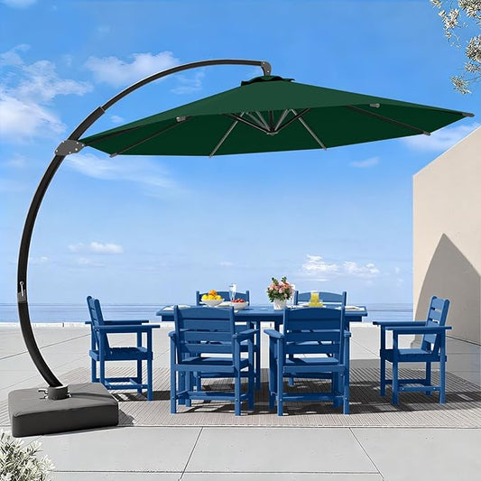 7 Piece Patio Dining Set with 11ft Patio Umbrella (Dark Green), 7 Navy Outdoor HDPE Dining Set with 6 Chairs + 1 Large Table, for Market, Pool, Garden, Backyard, Deck