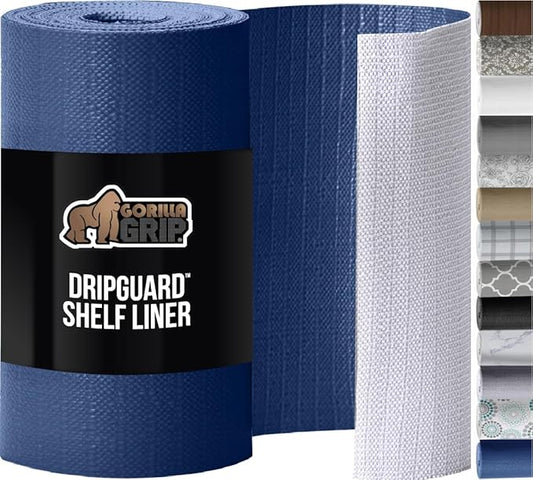 GORILLA GRIP DripGuard Shelf Liner, Non Adhesive Drawer and Kitchen Cabinet Protector, Slip Resistant BPA Free Smooth Surface Plastic Liners for Cabinets, Bathrooms, Closets, 17.5x120 Inch, Navy Blue
