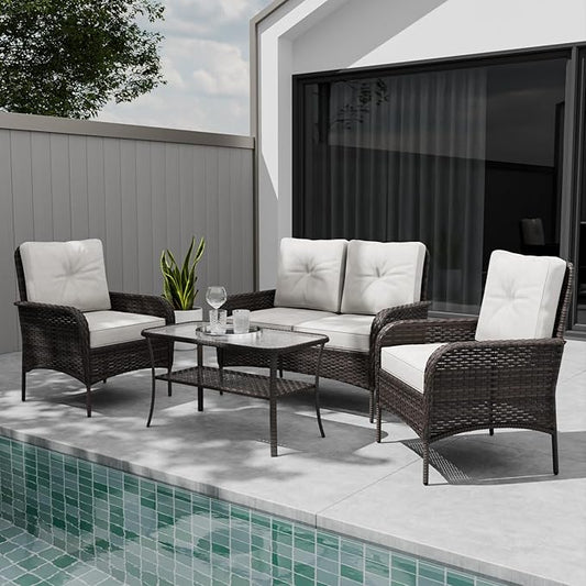 COOS BAY Vintage Courtyard Patio Furniture Set, Wicker Outdoor Furniture, Patio Conversation Sets, 2 Chairs, Loveseat and Coffee Table, 4 Pieces, Gray/Beige