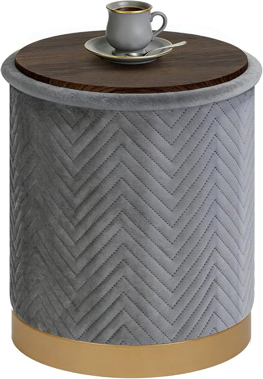 B FSOBEIIALEO Ottoman with Stroage, Round Velvet Storage Ottoman with Gold Plating Base,Foot Rest Stool for Dorm Room, Living Room Grey, 14.76"x14.76"x16.34"