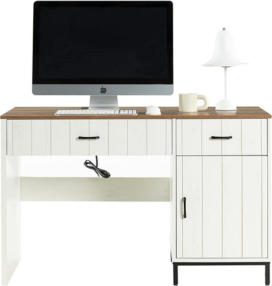 Farmhouse 47" Executive Desk, Home Office Desk with File Drawer and Power Outlet, Computer Desk with 2 Drawers and 1 Storage Cabinet, Workstation for Office Home (White)