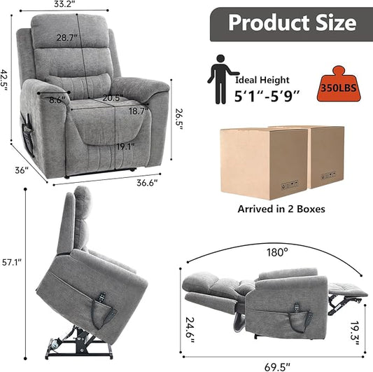 PELUMY Power Lift Recliner Chair for Elderly with Massage and Heat, Dual Motor Heavy Duty 350lbs Recliner, 8-Point Vibration & Lumbar Heating, Electric Lift Chair (Chenille, Dark Grey)